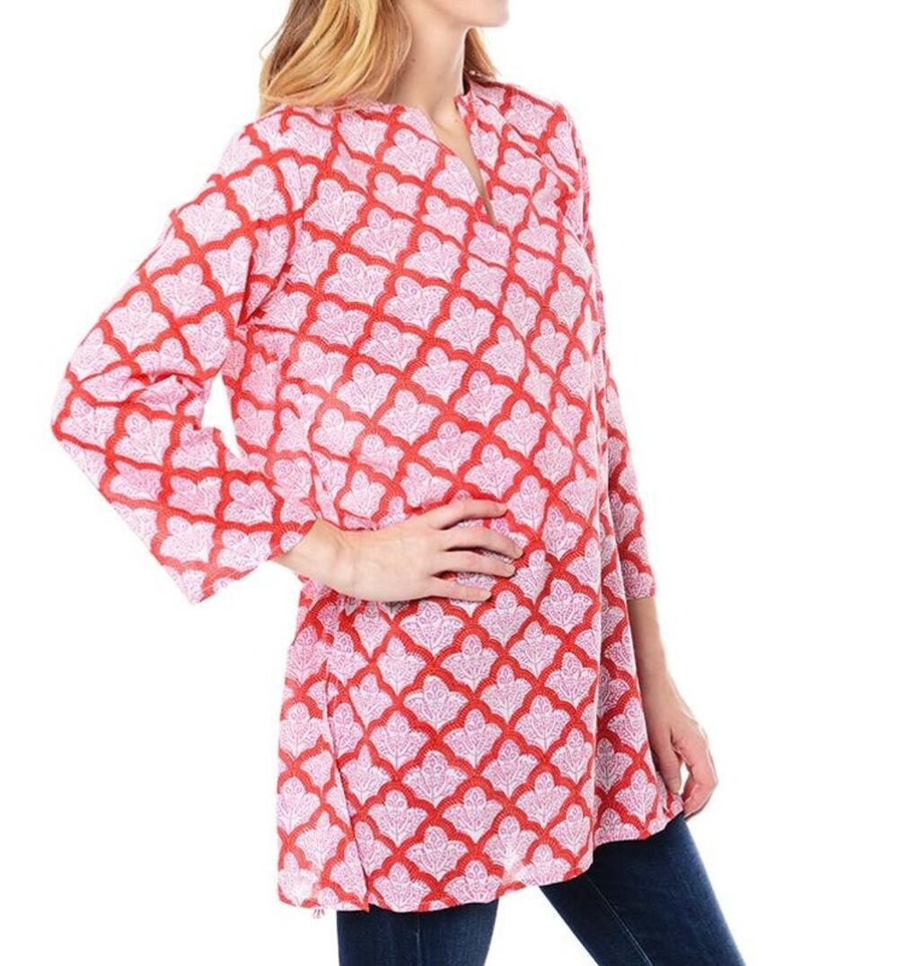 Roberta Roller Rabbit Kurta Long Sleeve Printed Jemina Top Shirt Coral Pink L